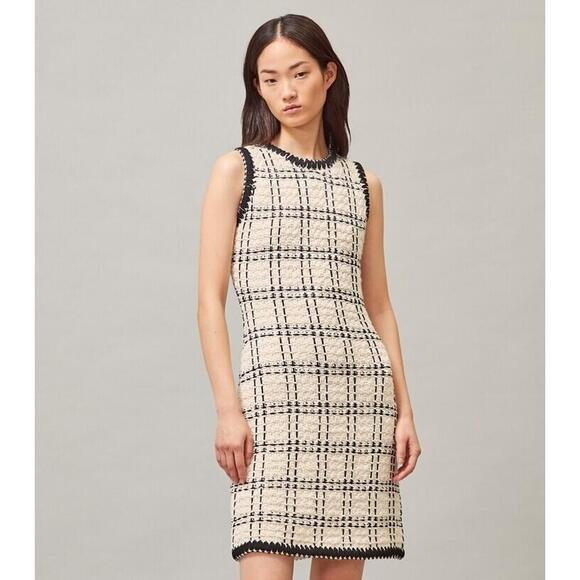 Tory Burch Women's Ivory Black Check Sleeveless Tweed Dress‎ Petite Size Small - Picture 3 of 13